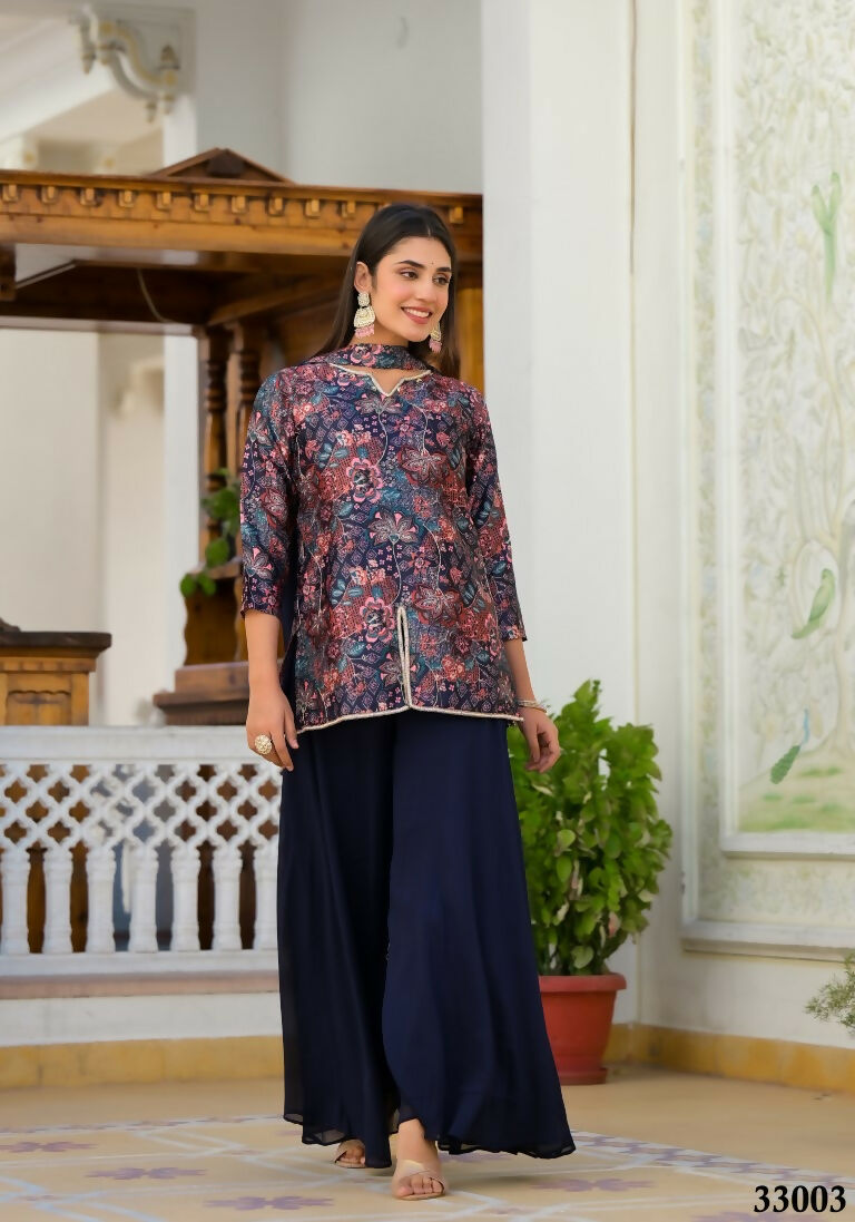 Designer Stylish Navy Blue Dull satin Stitched Suit With Dupatta - Samya