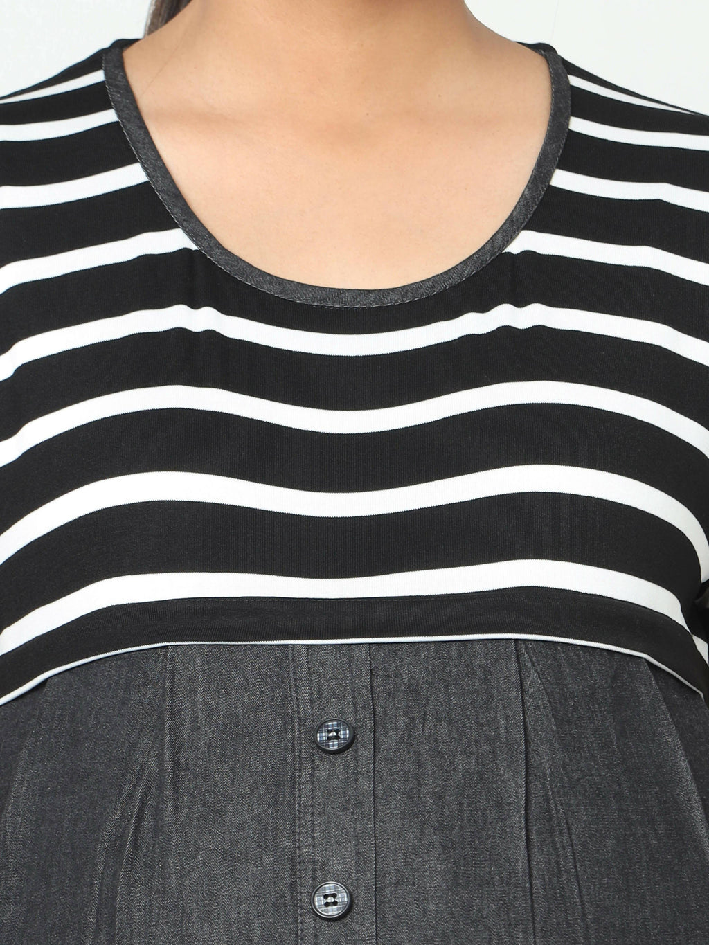 Manet Half Sleeves Maternity Dress White Striped With Concealed Zipper Nursing Access - Black