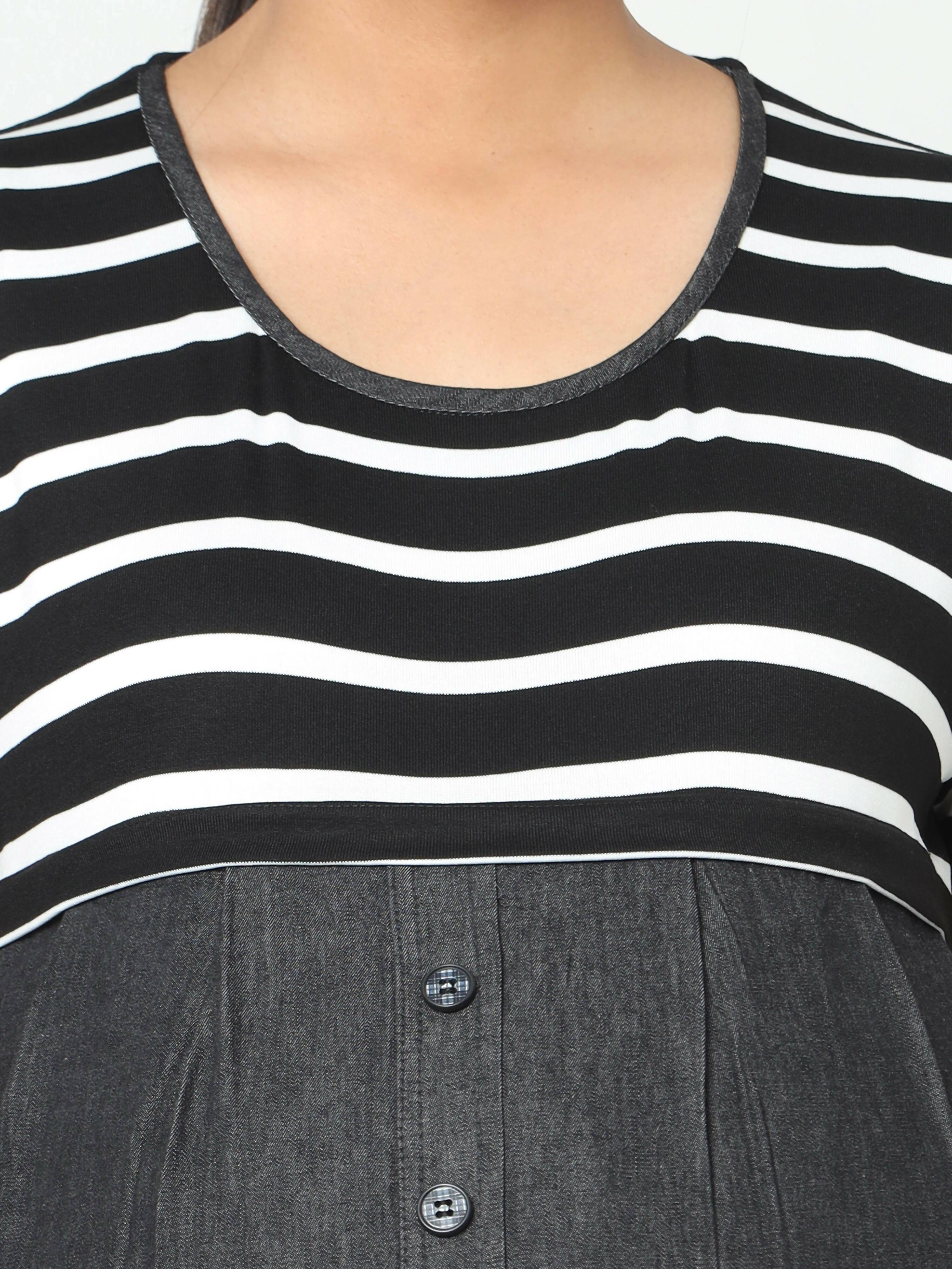 Manet Half Sleeves Maternity Dress White Striped With Concealed Zipper Nursing Access - Black