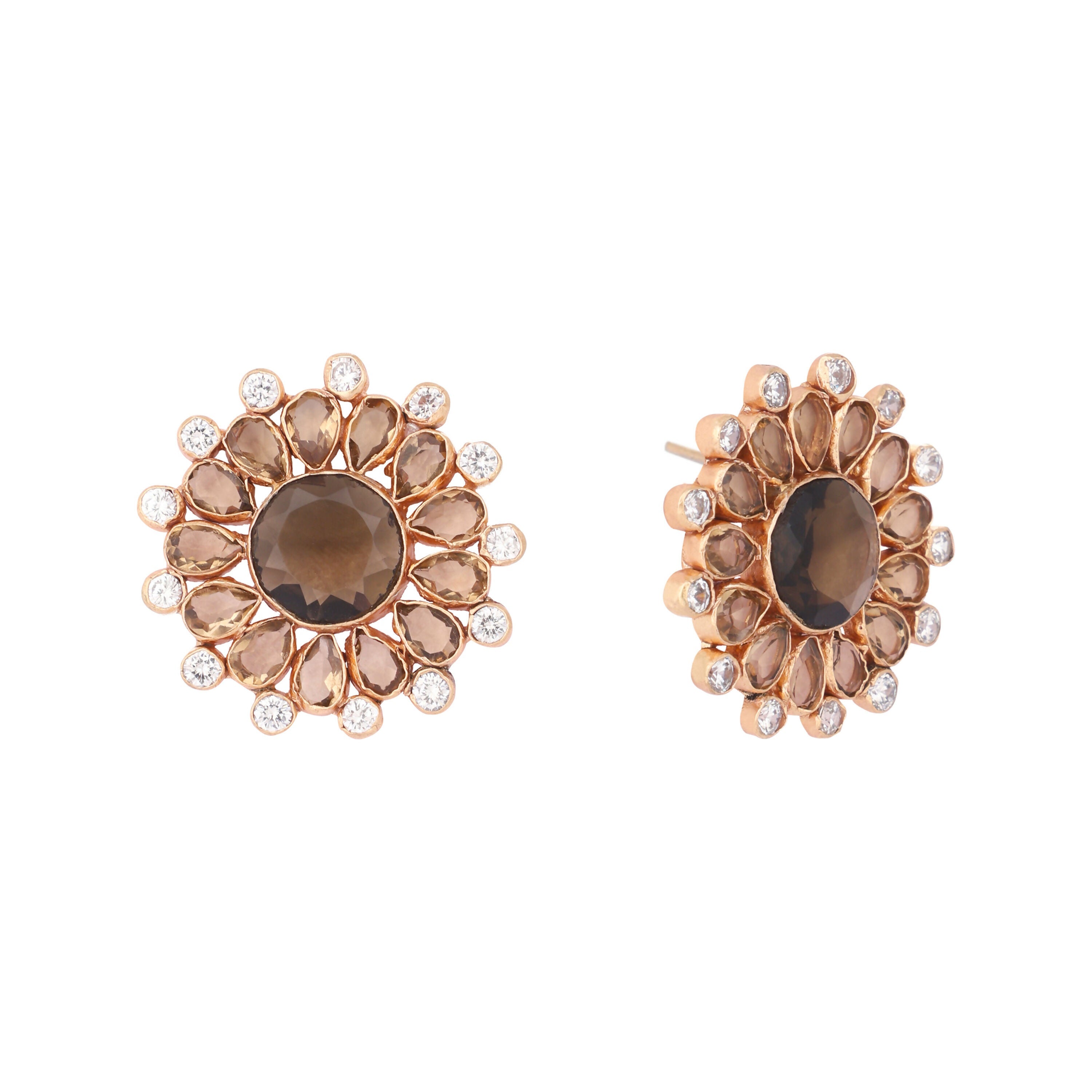Nuyug 22K Gold Plated Faux Smoky Quartz & White Crystal Studded Contemporary Floral Shaped Studs