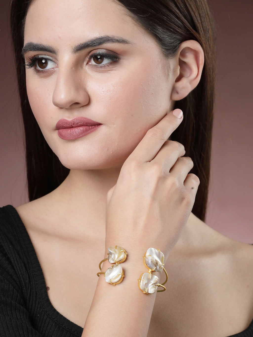 NVR Women's Gold-Polished Mother of Pearl Handcrafted Cuff Bracelet