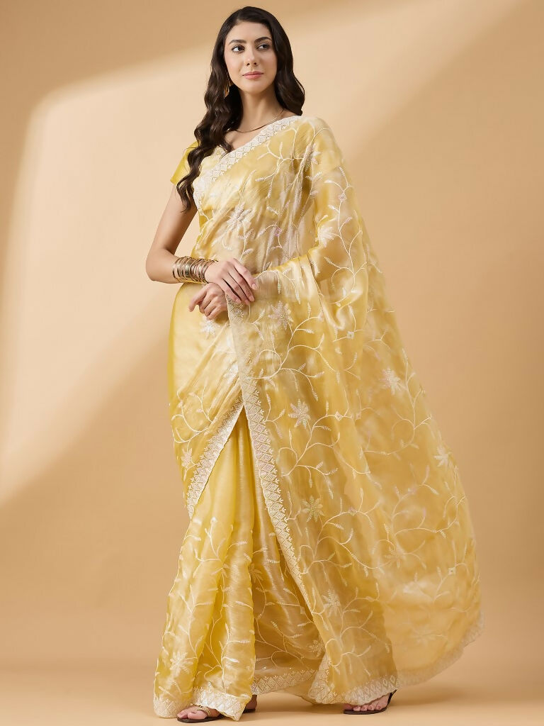 Yellow Tissue Slub Embroidered Saree with Unstitched Blouse - Vairagi