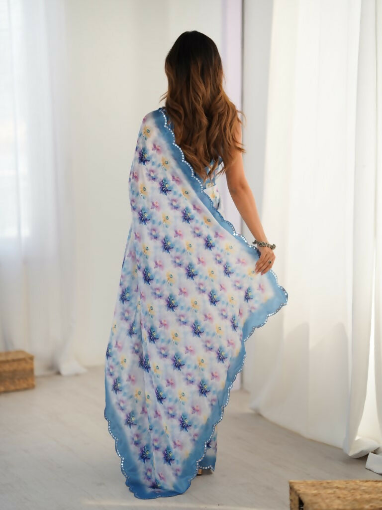 Blue Chinon Designer Digital Printed,Mirror Cut Work Saree - Elayna