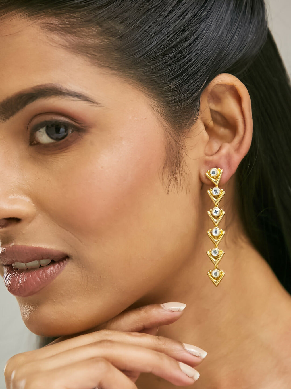 Nuyug 18K Gold-Plated Crystal Stone Studded Triangular Drop Sleek Earrings