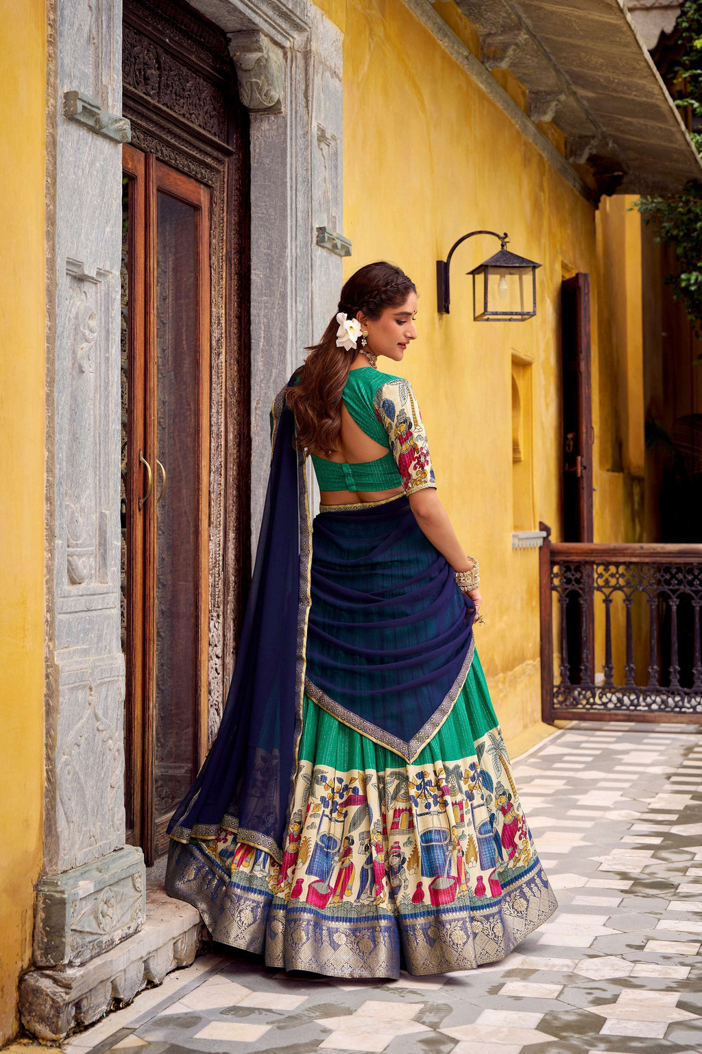 Evanik Bottlegreen South Style Kalamkari Print Design Zari Work Unstitched Lehenga Choli