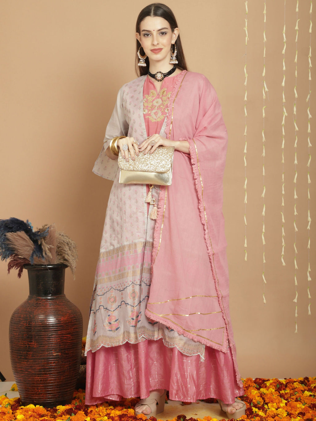 Jyoti Fashion Women's Grey Chanderi Silk Elegant Jardoshi Semi Kurta with Trouser & Dupatta