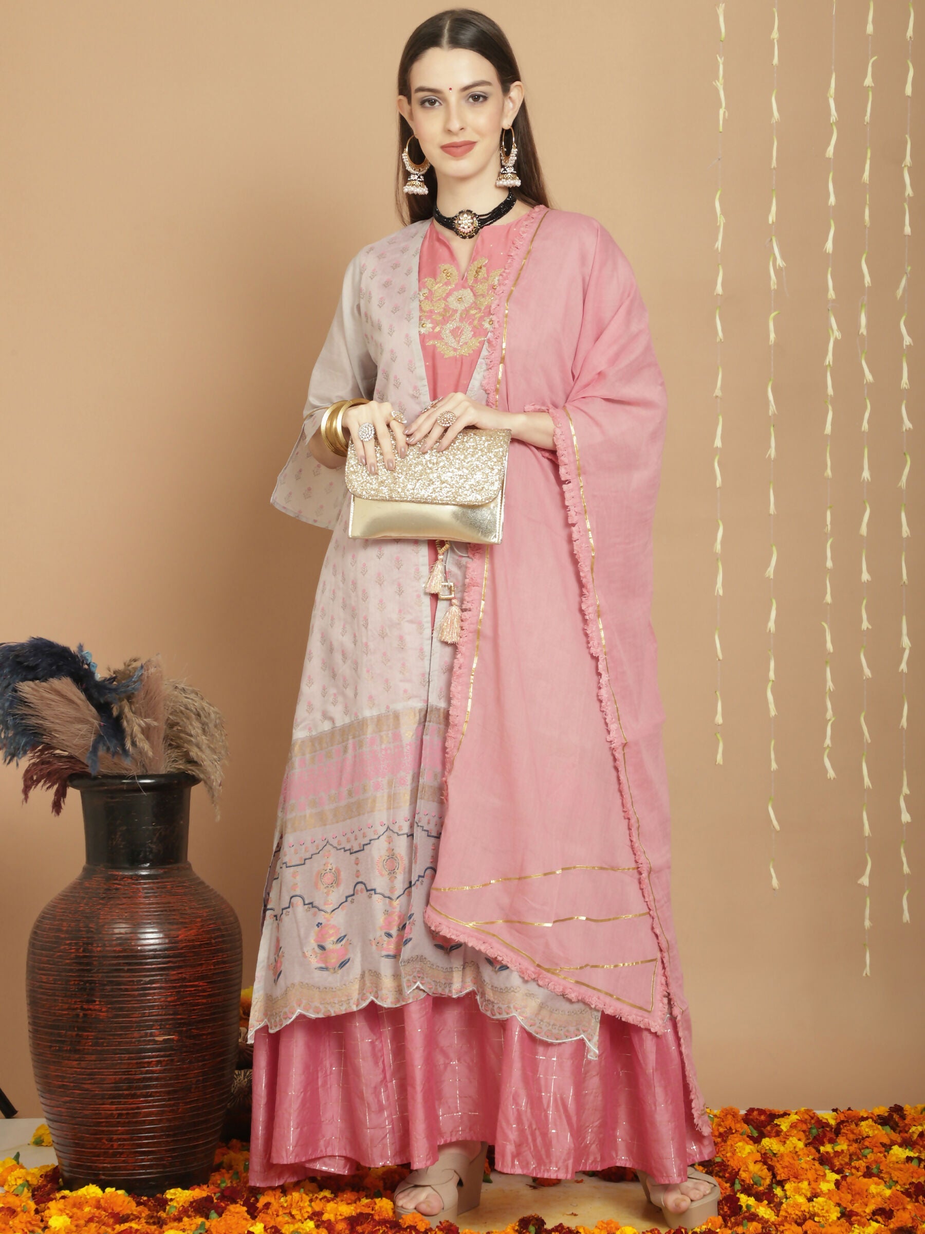 Jyoti Fashion Women's Grey Chanderi Silk Elegant Jardoshi Semi Kurta with Trouser & Dupatta