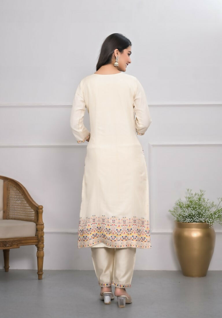 Cream Jequard Silk Embroidery with Thread and sequence Stitched Suit With Dupatta - Tanisha