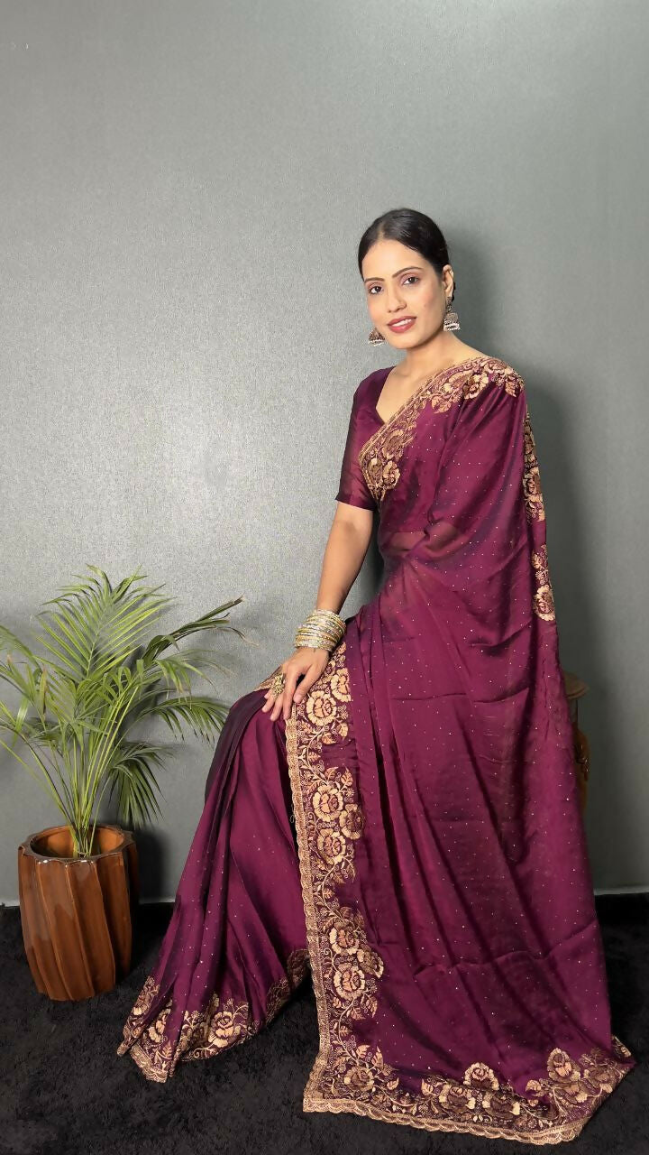 Vastranavya Wine Rangoli Silk Zari work with DMC Swarovski work Ready to Wear Saree
