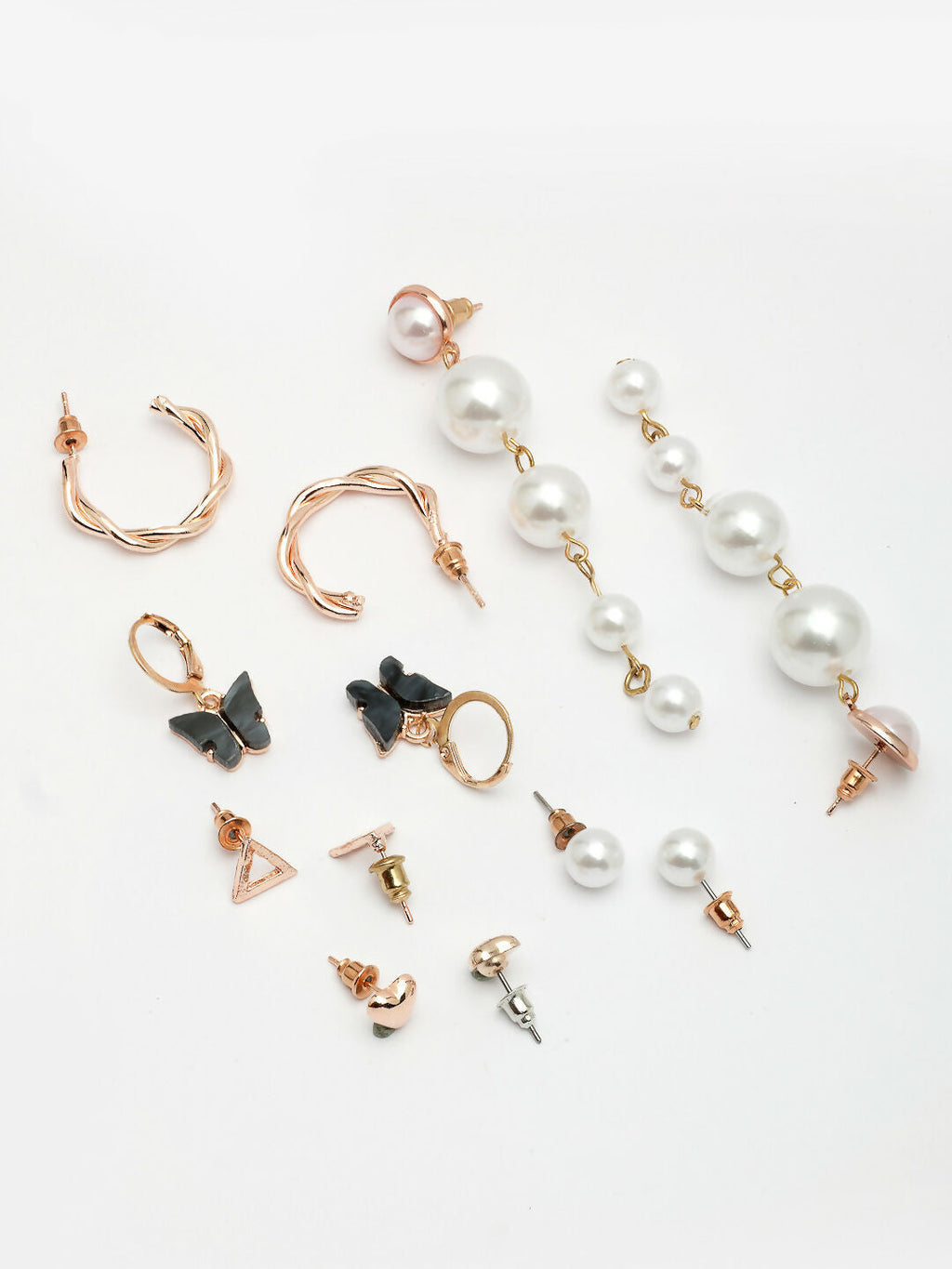 NVR Women's Set of 6 White Pearl Gold-Polished Contemporary Drop Earrings