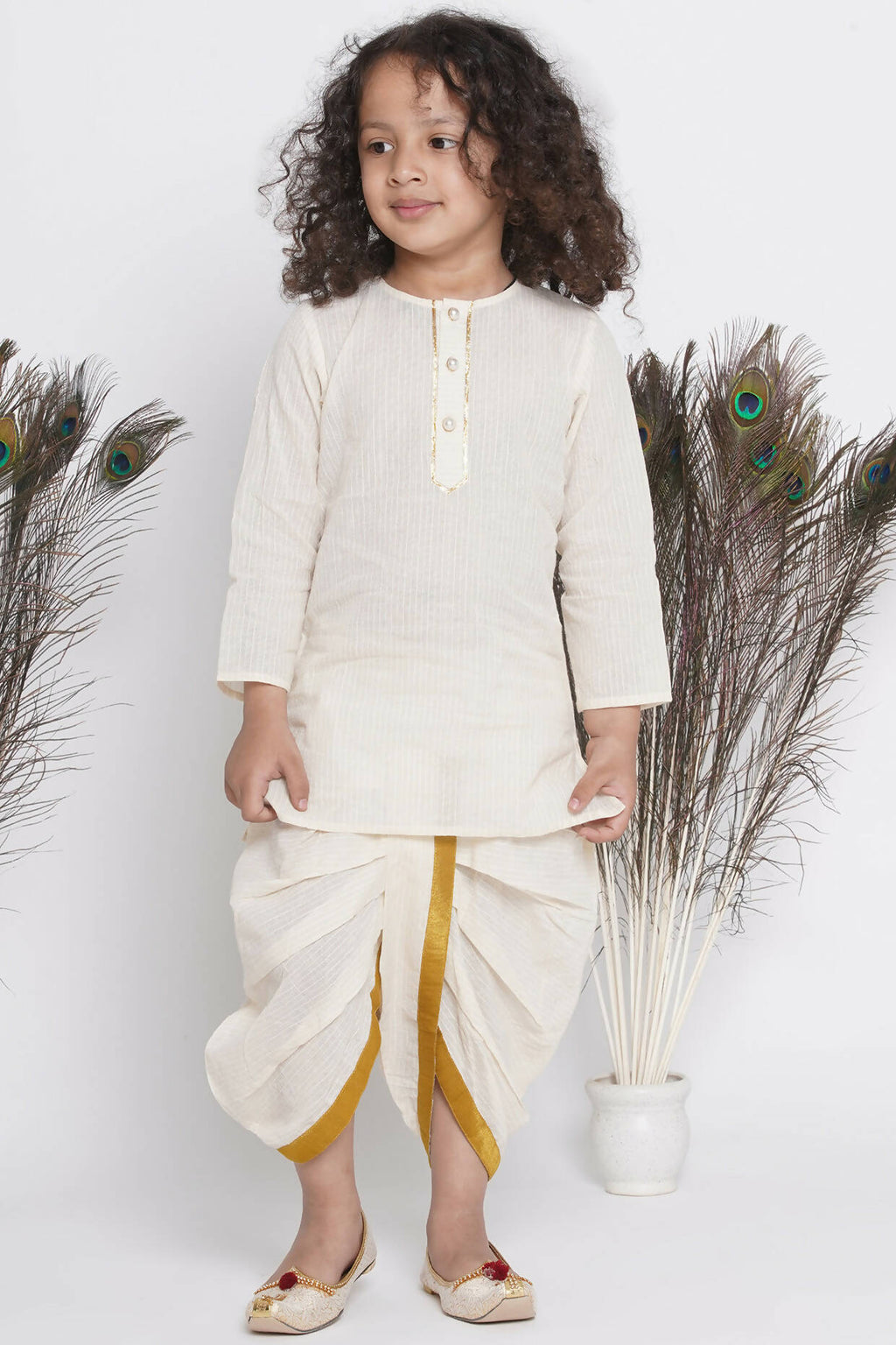 Little Bansi Banarsi Silk Pink Blue Floral Embroidery Jacket With Cotton Kantha kurta And Kantha Dhoti - Cream