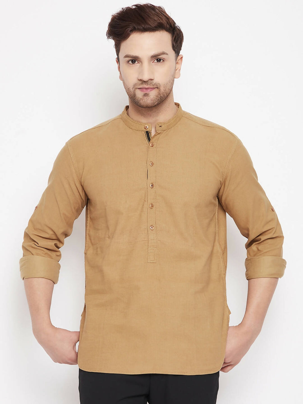 Even Apparels Beige Pure Cotton Short Men's Kurta With Band Collar
