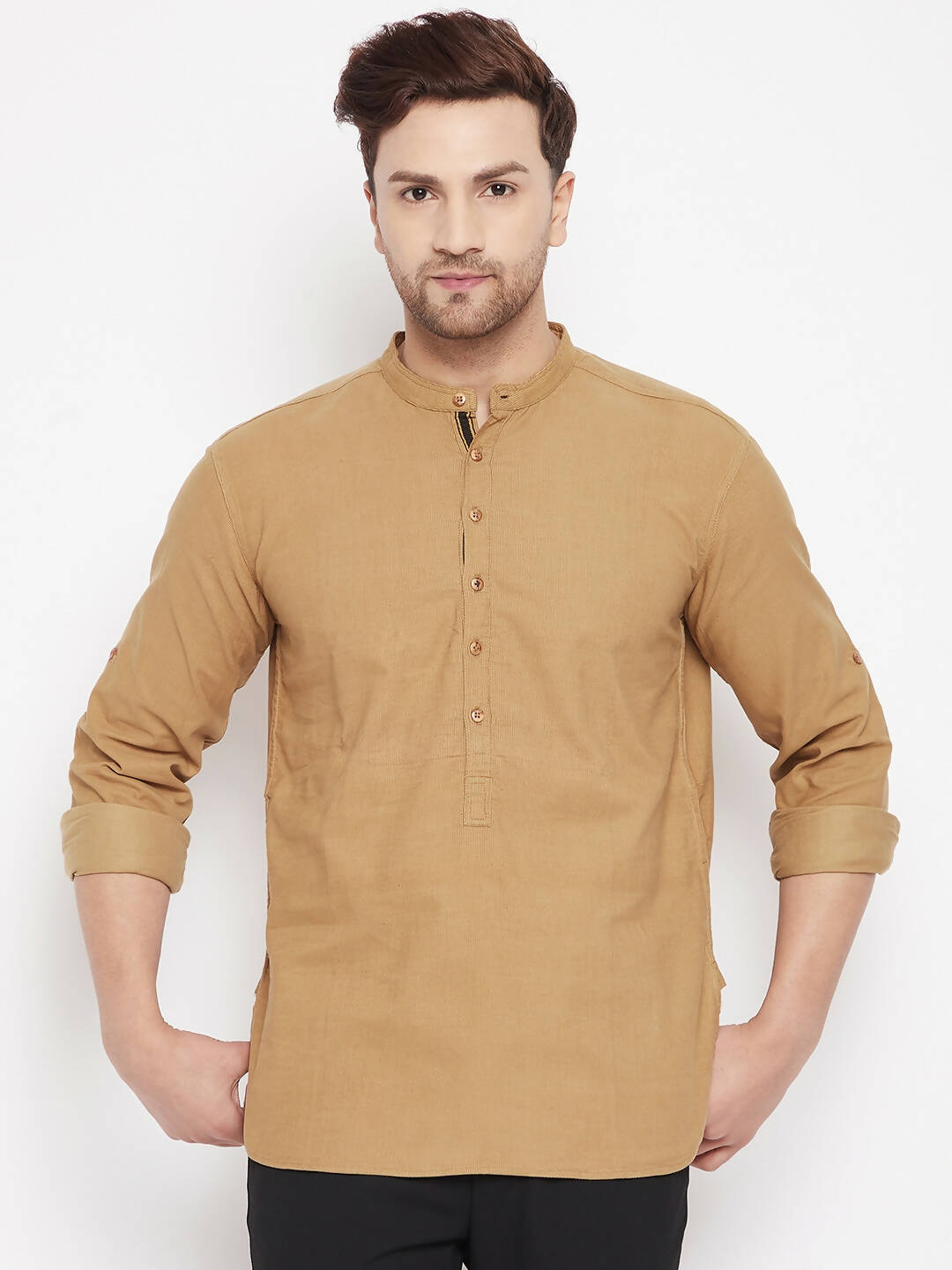 Even Apparels Beige Pure Cotton Short Men's Kurta With Band Collar