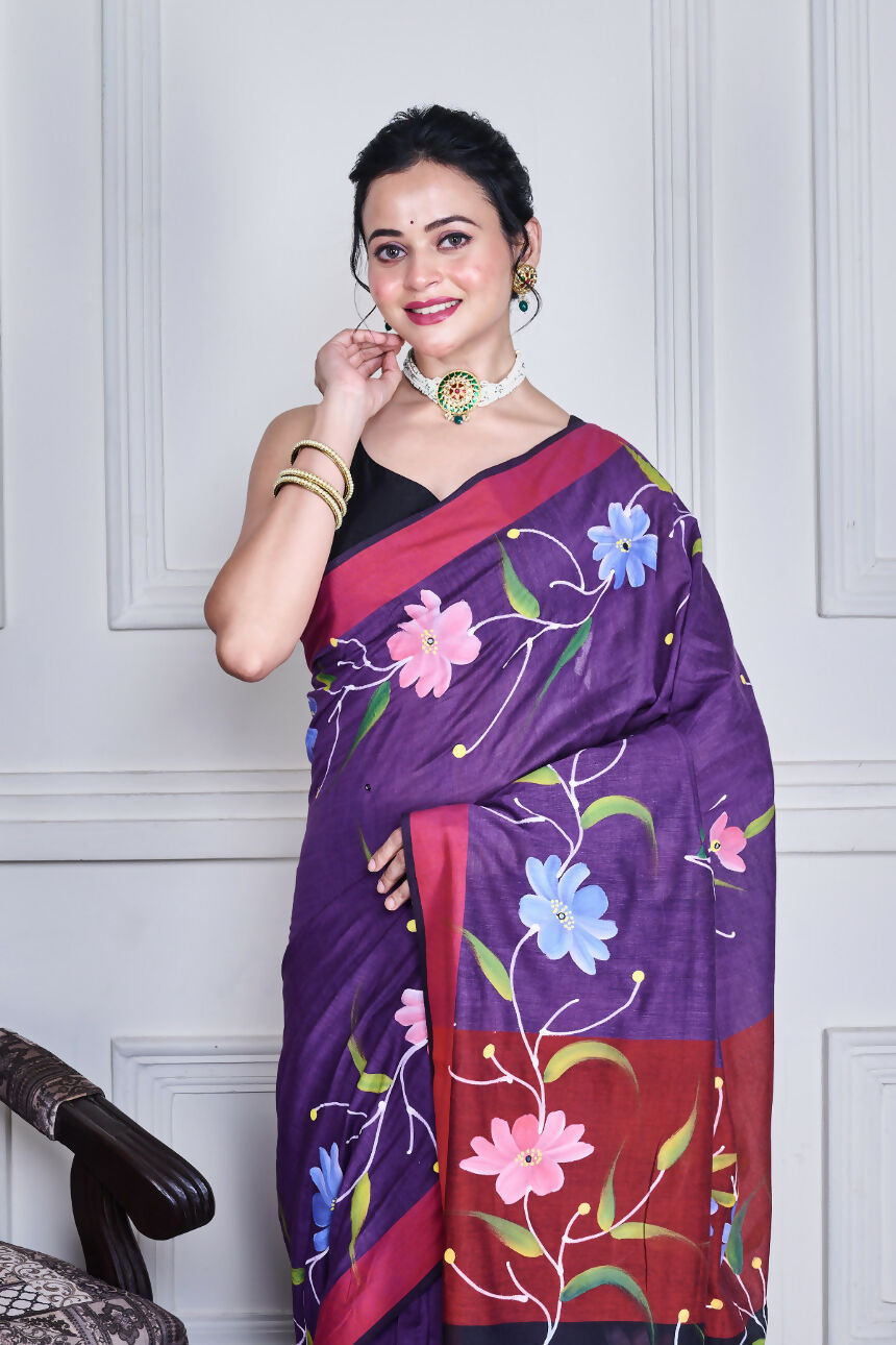 Morchari Multicolour Cotton Handloom Mirror Work Saree Unstitched Blouse
