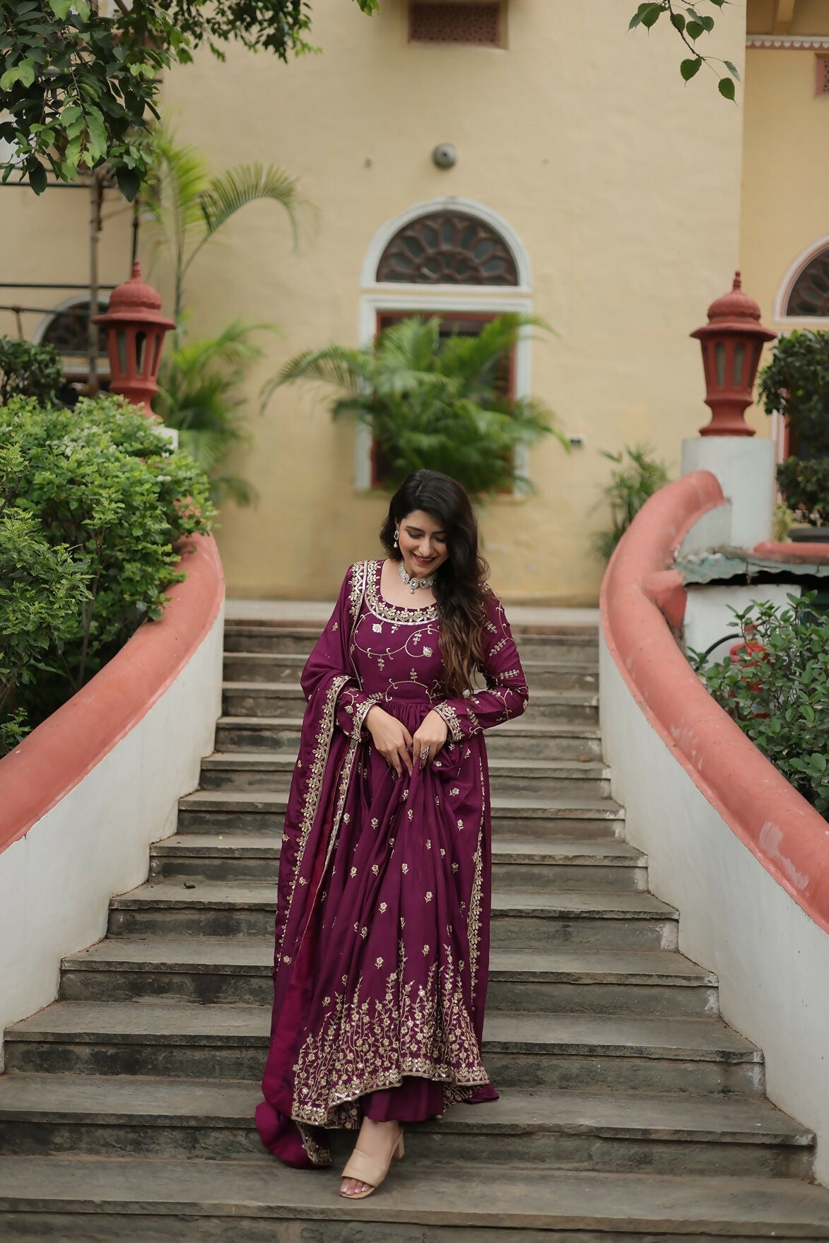 Joban Fashion Wine chinon Sequence Embroidery Work Kurta Set