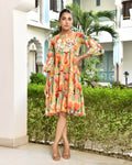 Vaasva Women's Orange Cotton Embroidered& Digital Printed Dress