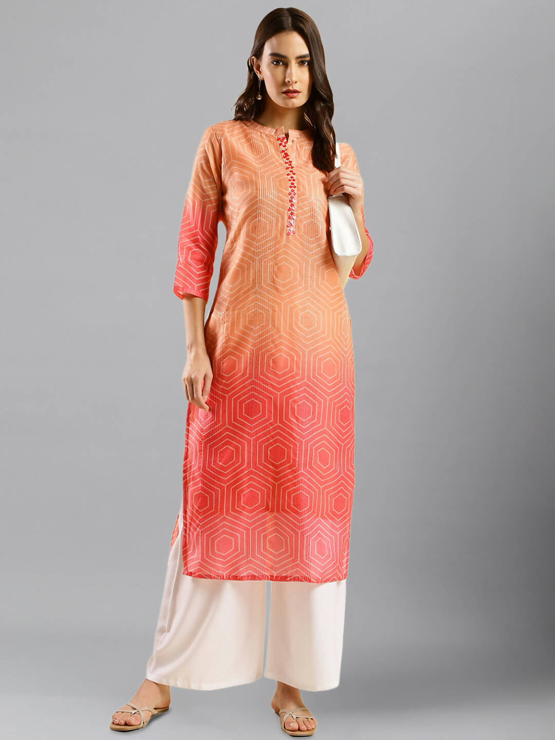 Peach Chinon Digital Printed With Hand Work Kurta - Himanshi