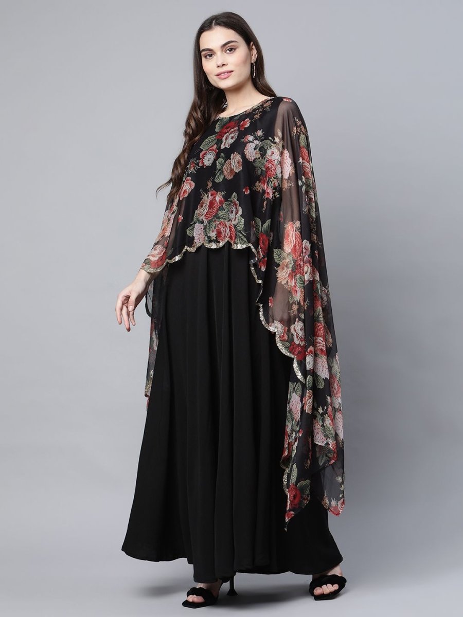 Ahalyaa Women Black Crepe Dress With Attached Dupatta
