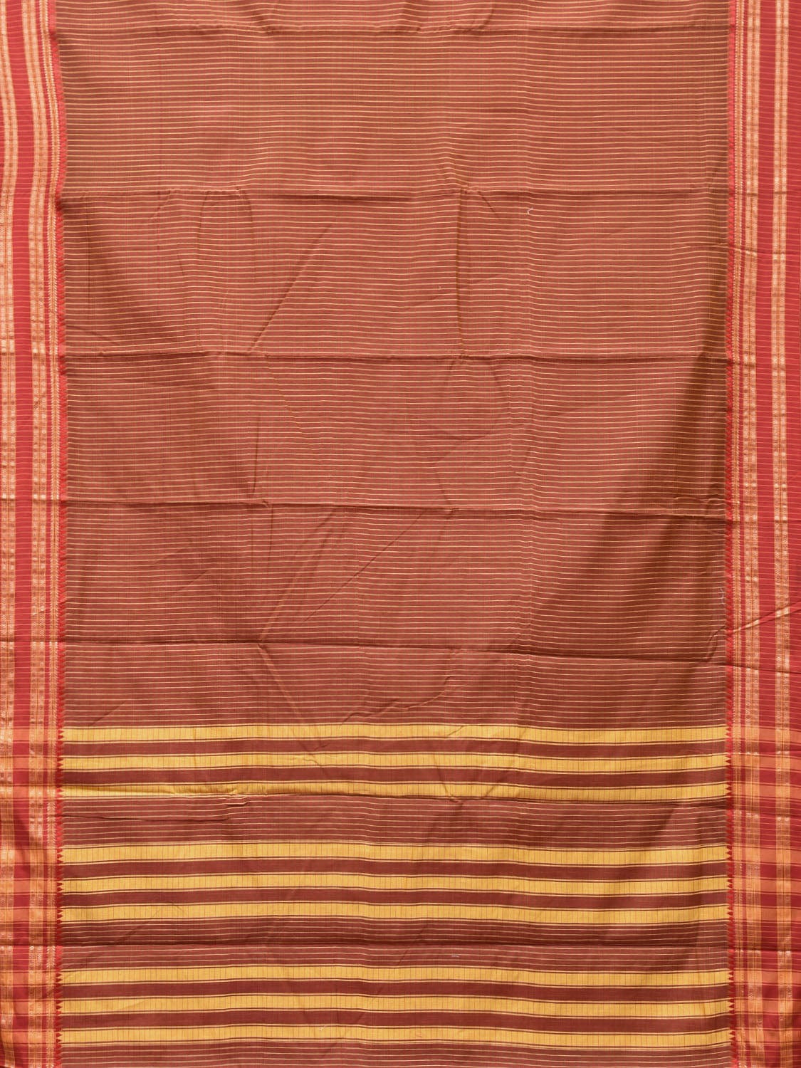 Brown and Rust Bamboo Cotton Saree with Checks Design No Blouse - Global Threads