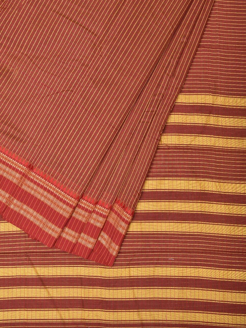 Brown and Rust Bamboo Cotton Saree with Checks Design No Blouse - Global Threads