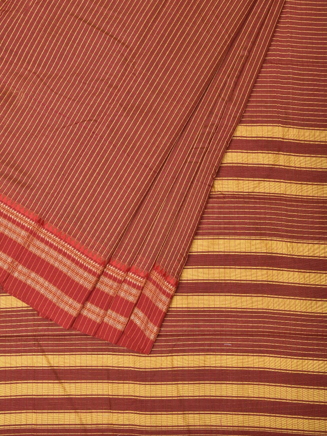 Brown and Rust Bamboo Cotton Saree with Checks Design No Blouse - Global Threads