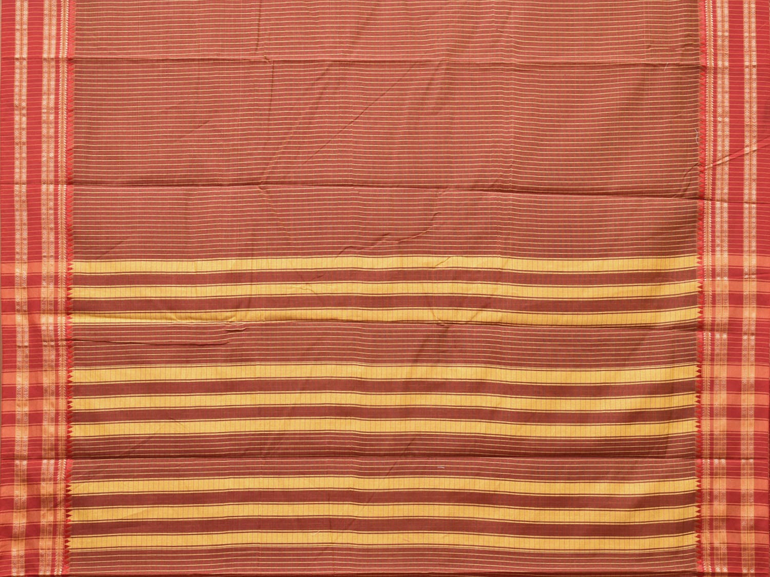 Brown and Rust Bamboo Cotton Saree with Checks Design No Blouse - Global Threads