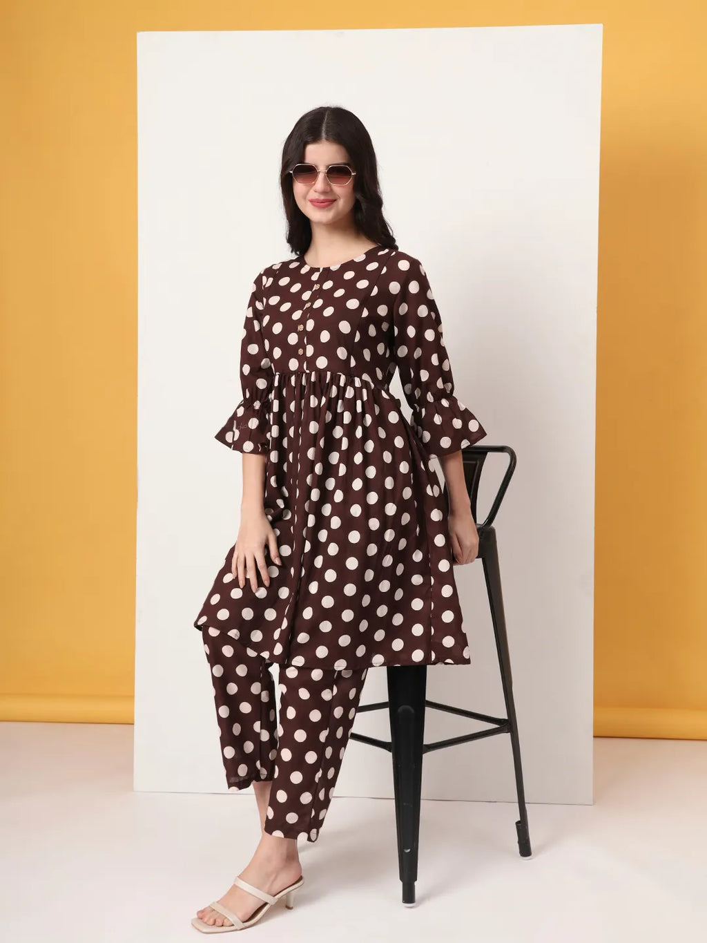 Yufta Brown Cotton Maternity Gathered Or Pleated Kurta Pants Set
