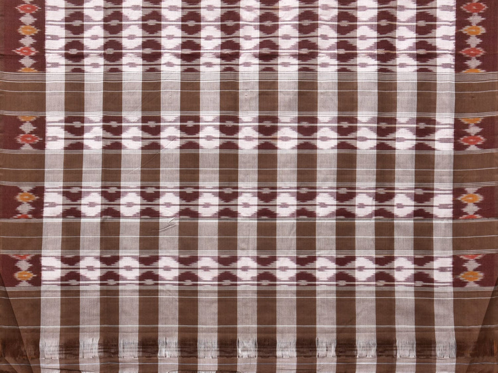 Brown Pochampally Ikat Cotton Handloom Saree with Strips Design No Blouse - Global Threads