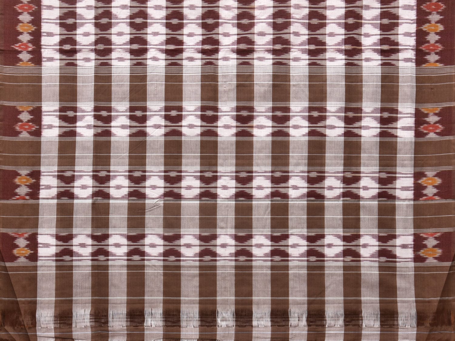 Brown Pochampally Ikat Cotton Handloom Saree with Strips Design No Blouse - Global Threads
