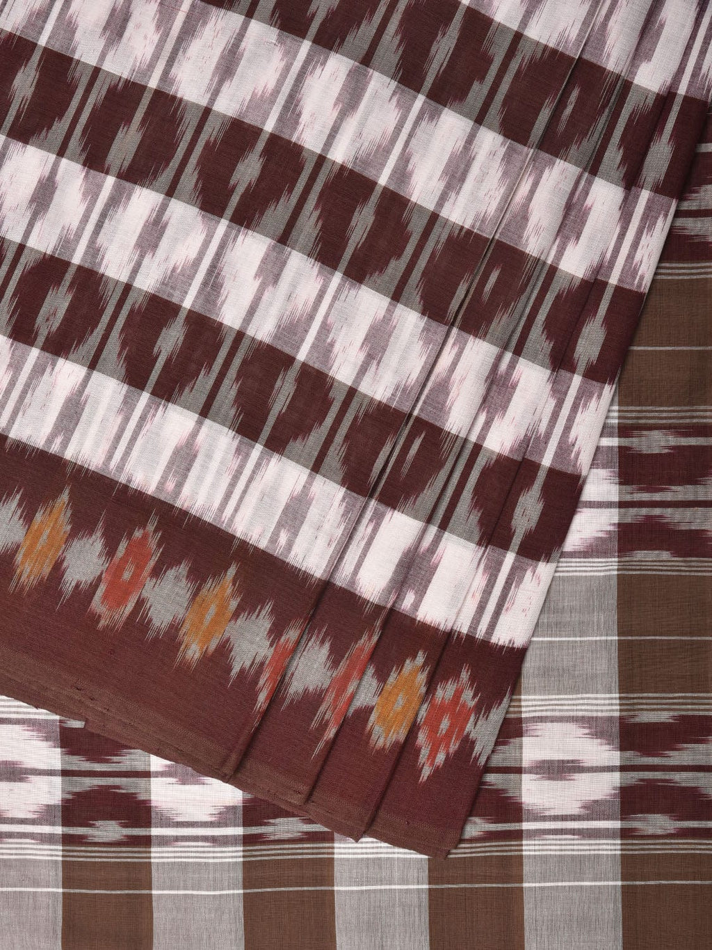 Brown Pochampally Ikat Cotton Handloom Saree with Strips Design No Blouse - Global Threads