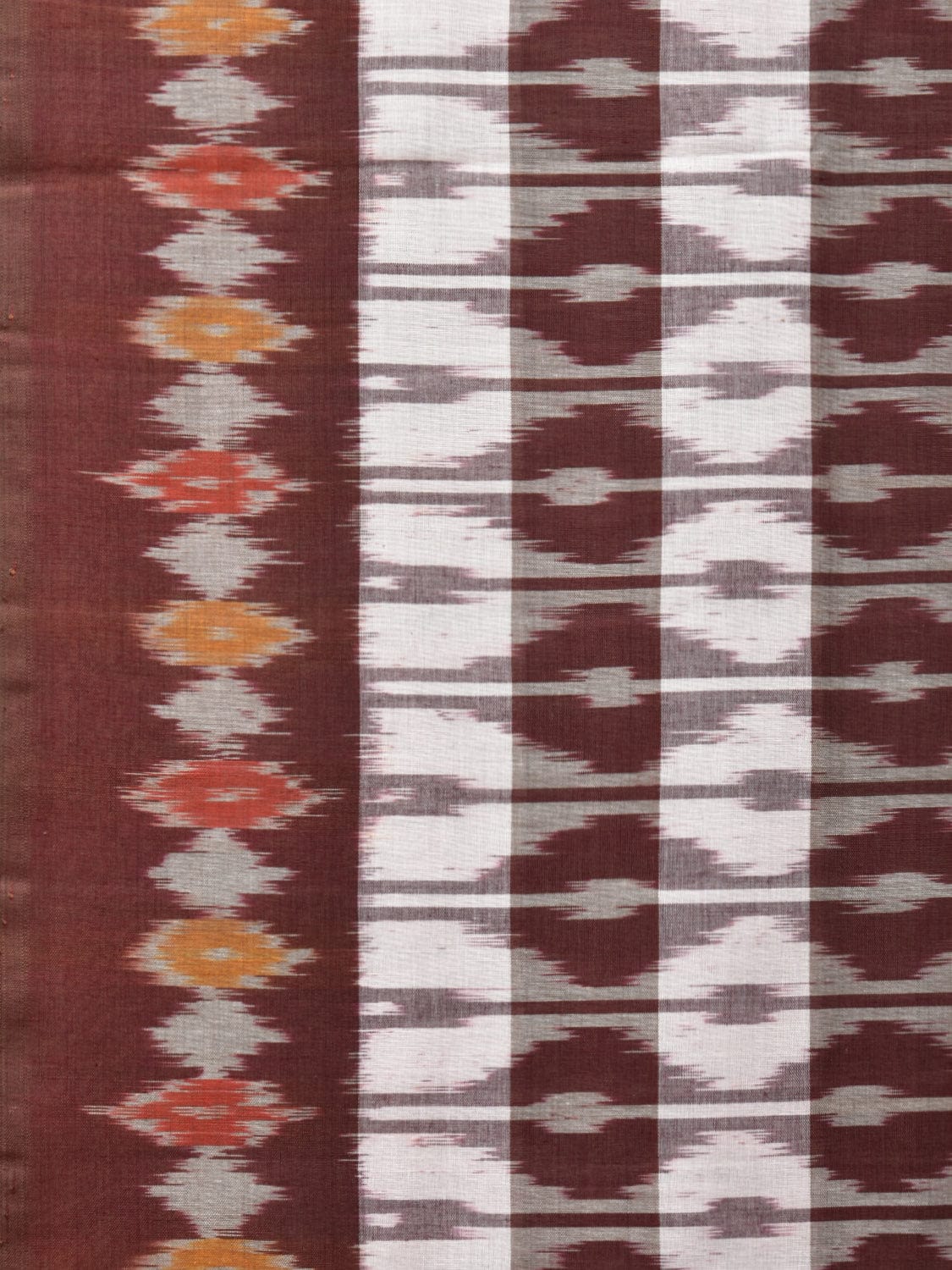 Brown Pochampally Ikat Cotton Handloom Saree with Strips Design No Blouse - Global Threads