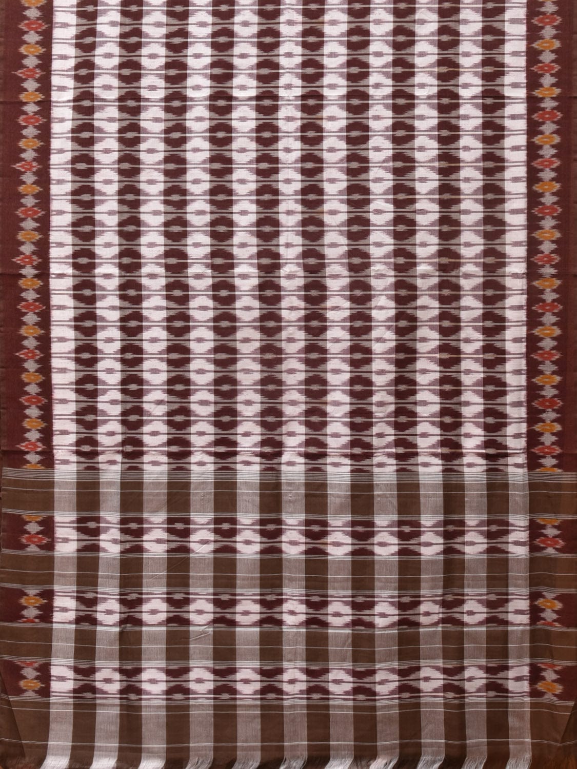 Brown Pochampally Ikat Cotton Handloom Saree with Strips Design No Blouse - Global Threads