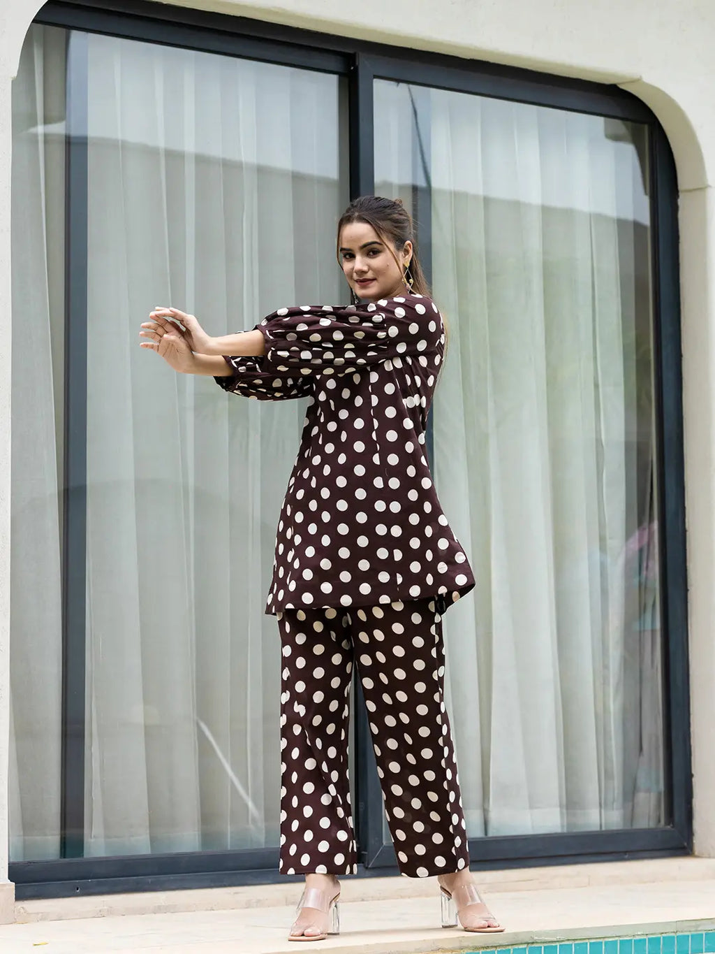 Yufta Brown Polka Dot Print Top And Trouser Co Ord Set