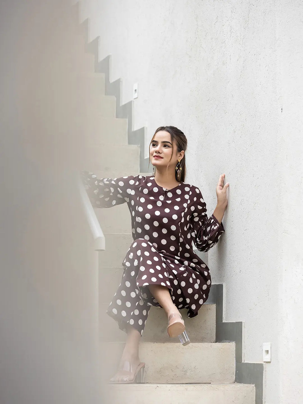 Yufta Brown Polka Dot Print Top And Trouser Co Ord Set