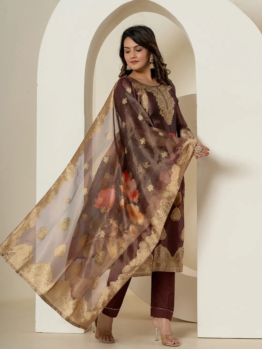 Yufta Brown Tissue Kurta Dupatta Pant Set