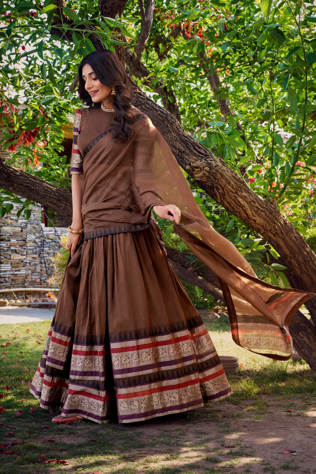 Evanik Women Pure Chanderi Plain With Zari Weaving Work Border Stitched Lehenga With Unstitched Blouse Dupatta(Up to 42)
