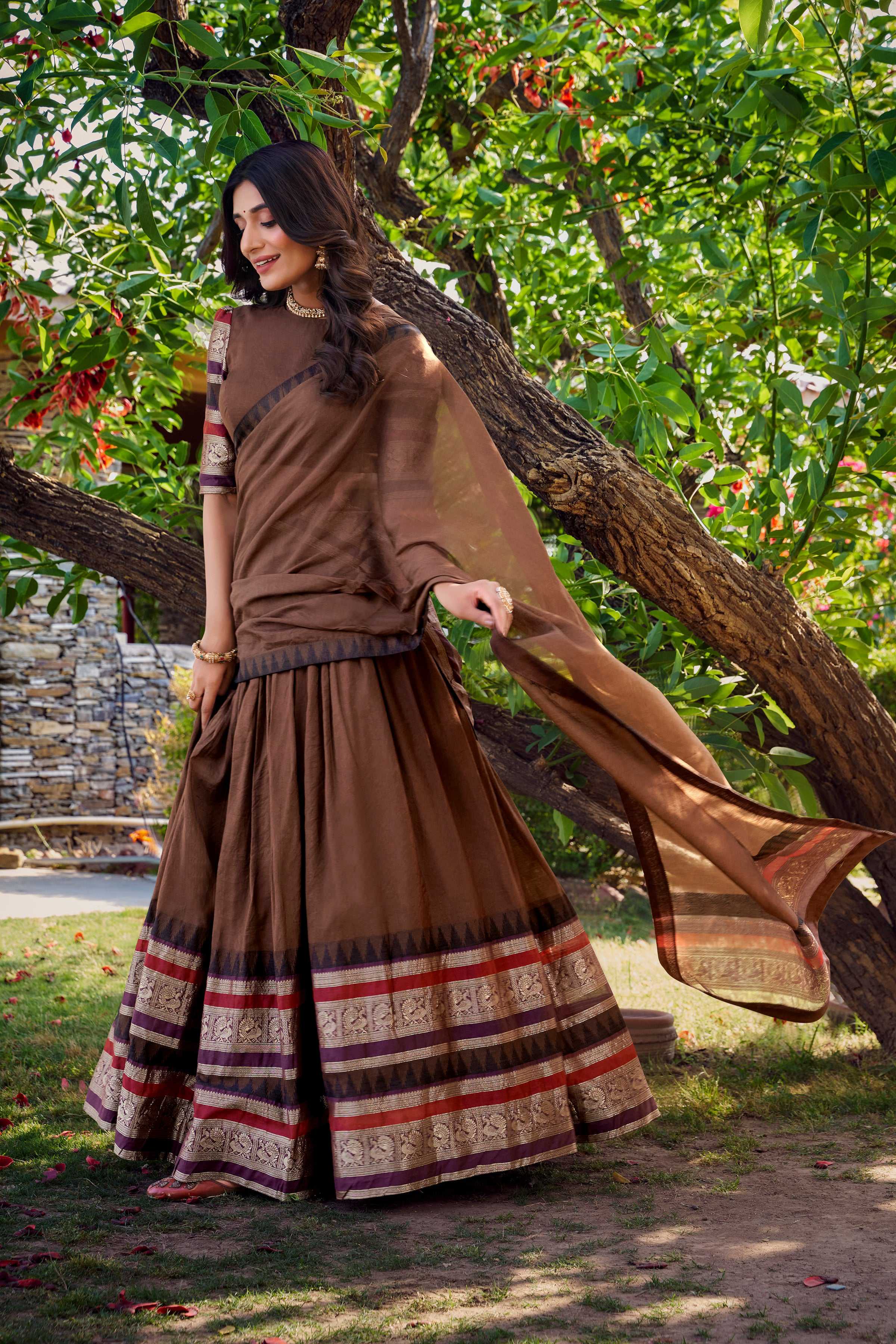 Evanik Women Pure Chanderi Plain With Zari Weaving Work Border Stitched Lehenga With Unstitched Blouse Dupatta(Up to 42)