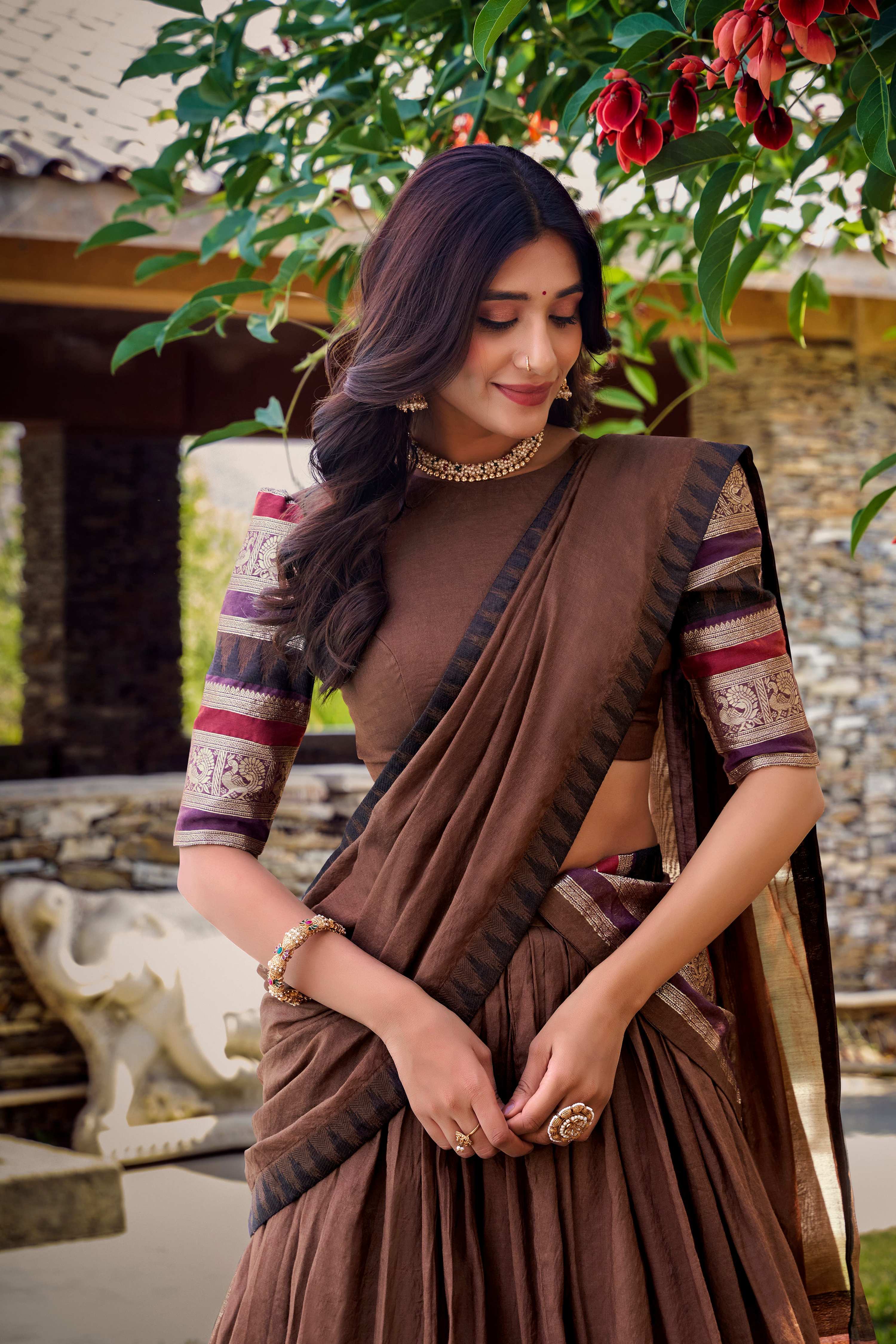 Evanik Women Pure Chanderi Plain With Zari Weaving Work Border Stitched Lehenga With Unstitched Blouse Dupatta(Up to 42)