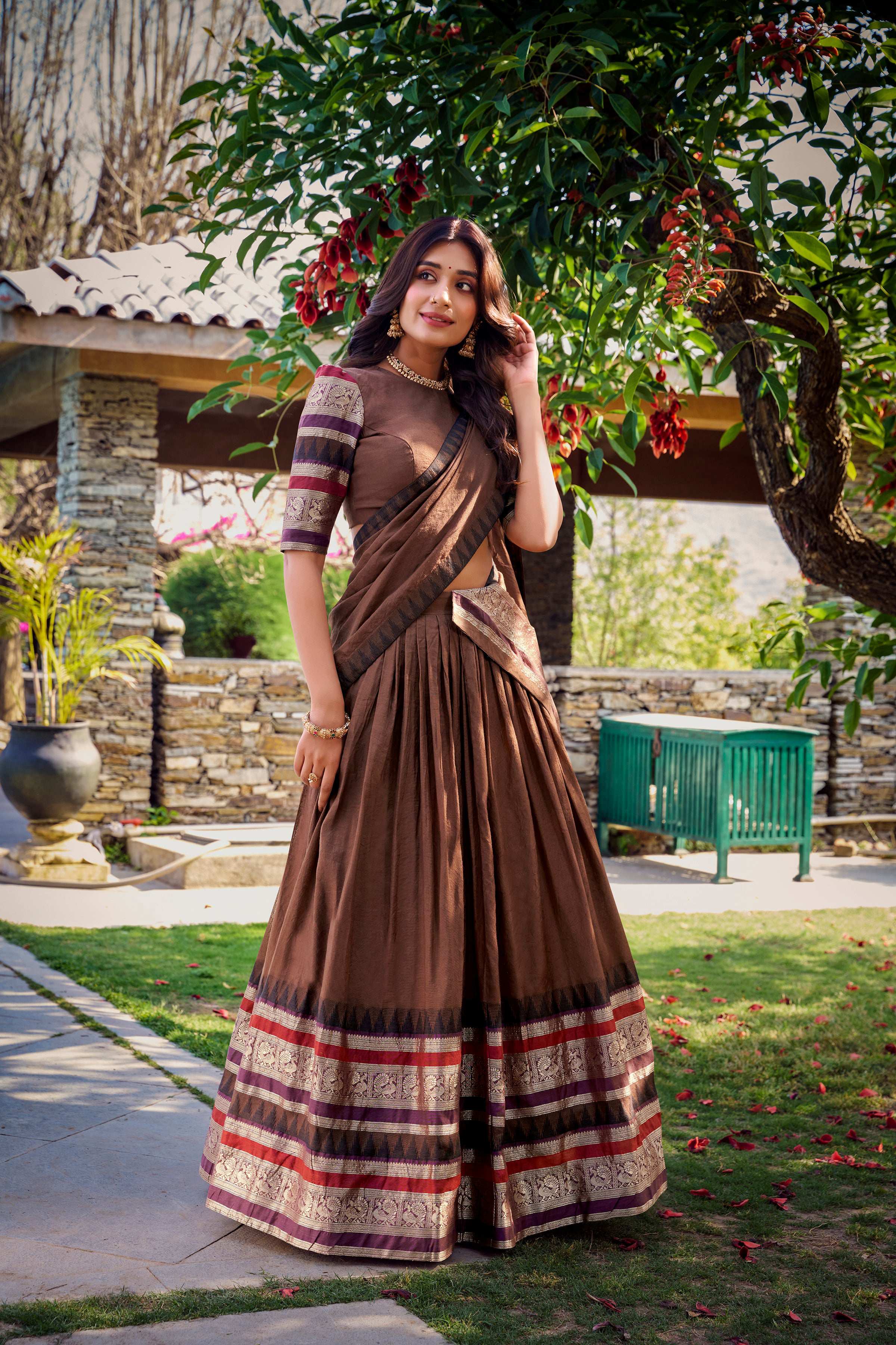 Evanik Women Pure Chanderi Plain With Zari Weaving Work Border Stitched Lehenga With Unstitched Blouse Dupatta(Up to 42)