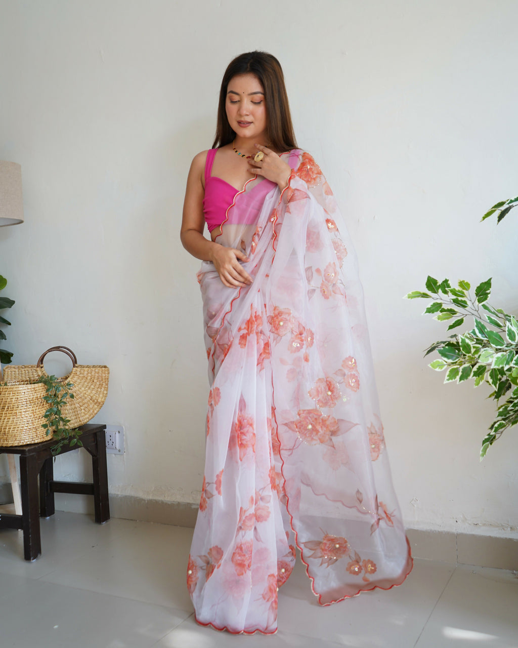 Vamsee Ramya White Organza Saree