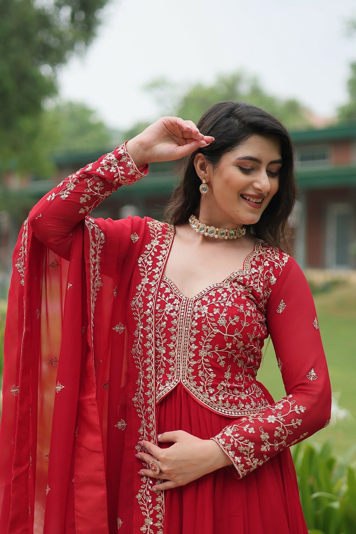 Joban Fashion Red Georgette Sequence Embroidery Work Kurta Set