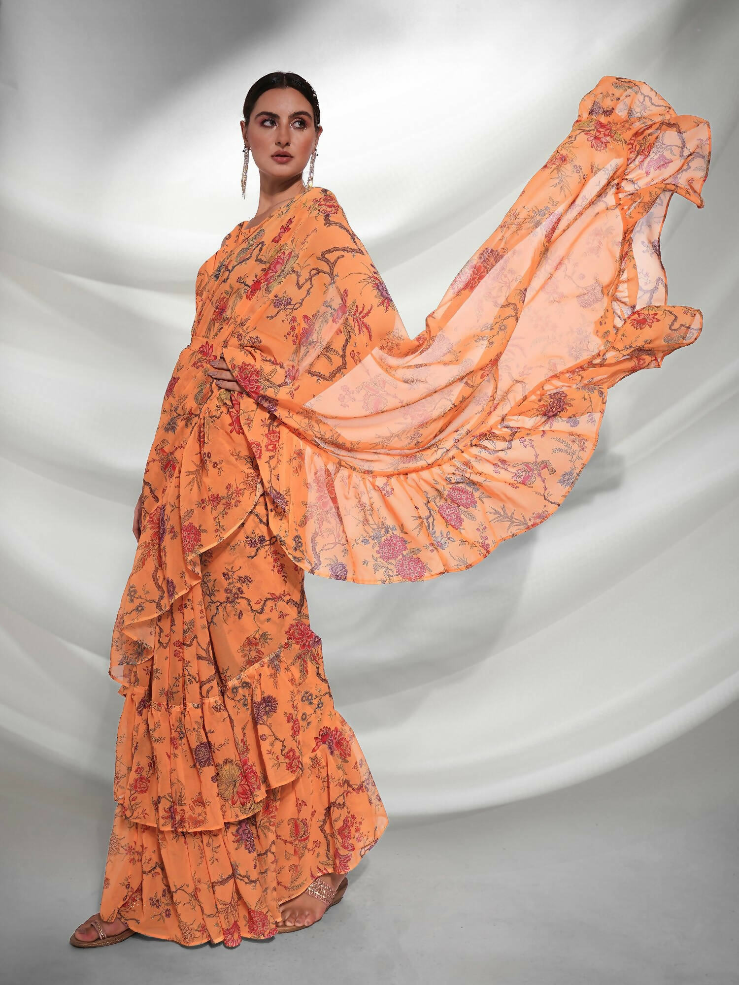 Orange Georgette Floral Printed Saree With Unstitched Blouse Piece - Rajal