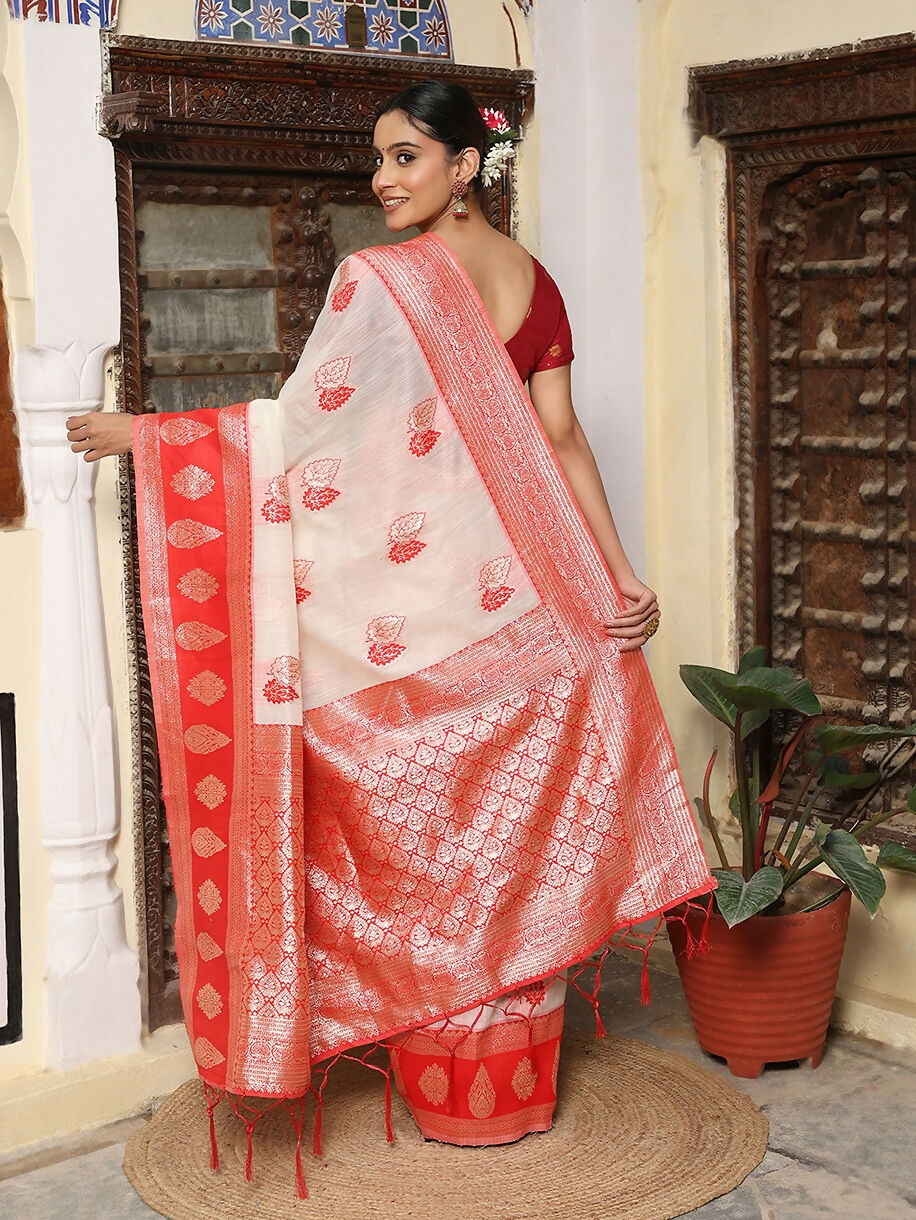 Shree Shyam Fashion White & Red Linen Cotton Saree