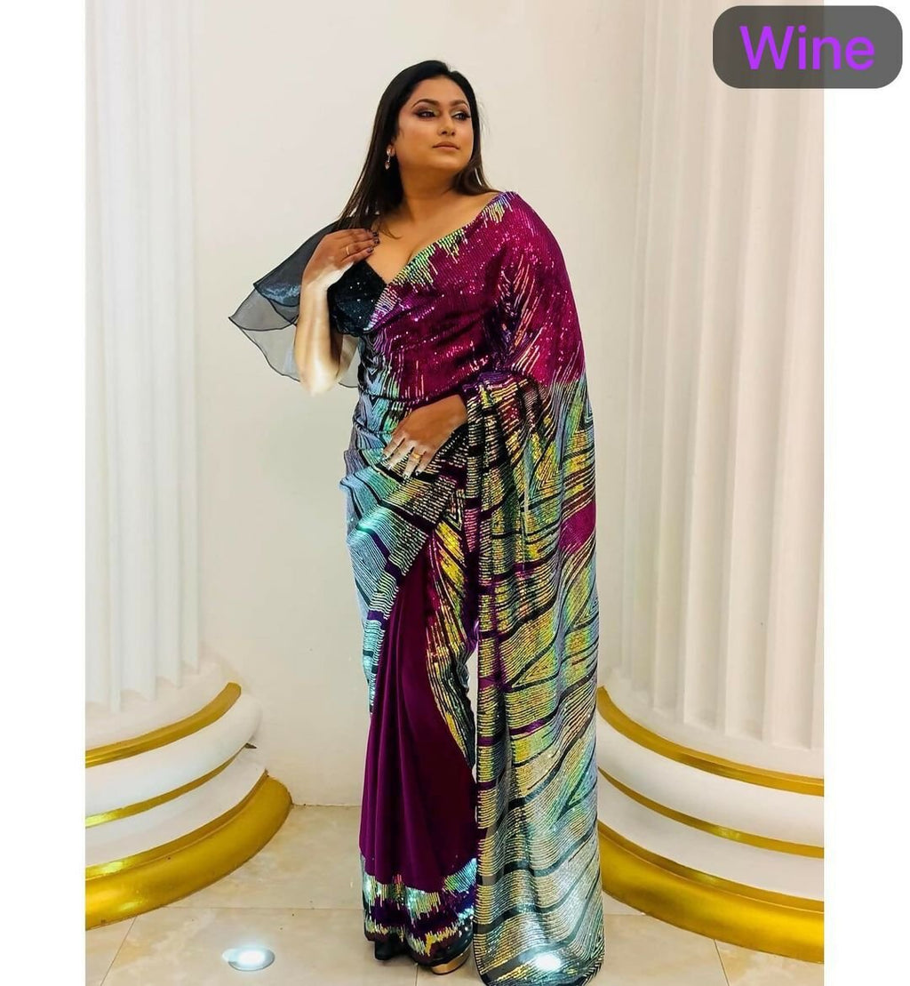 Arfa Fashion House Wine Georgette Sequince Saree
