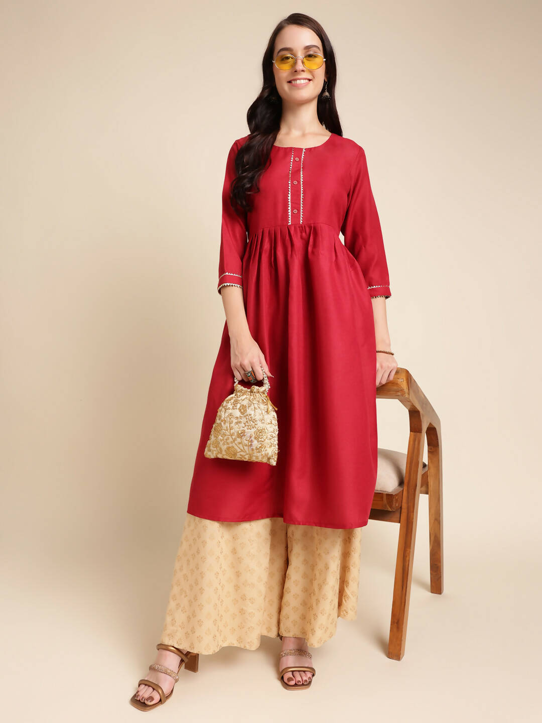 Red Poly Cotton Solid Nayra Cut Kurta - Tirtha