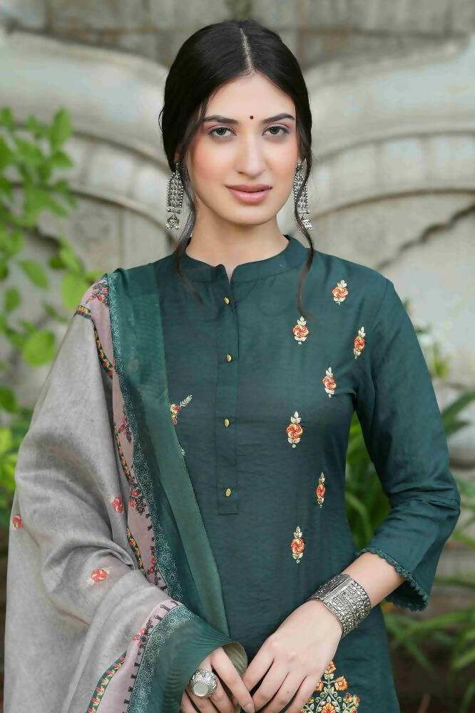 Juniper Bottle Green Mono Viscose Festive Wear Embroidered Straight Kurta Pant Dupatta Set