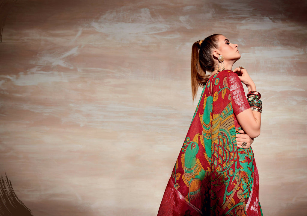 Sea Green Cotton Floral Printed Saree With Unstitched Blouse Piece - Kathika