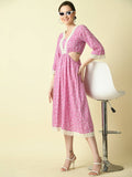 Myshka Women's Pink Floral Printed Fit and Flare Dress