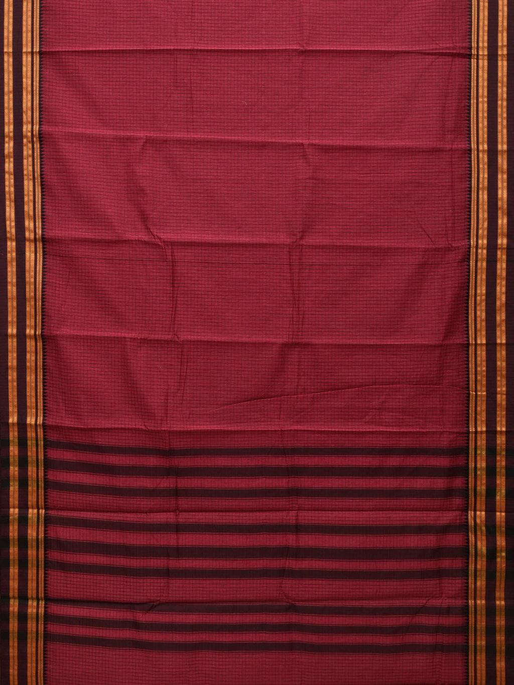 Burgundy Bamboo Cotton Saree with Checks Design - Global Threads