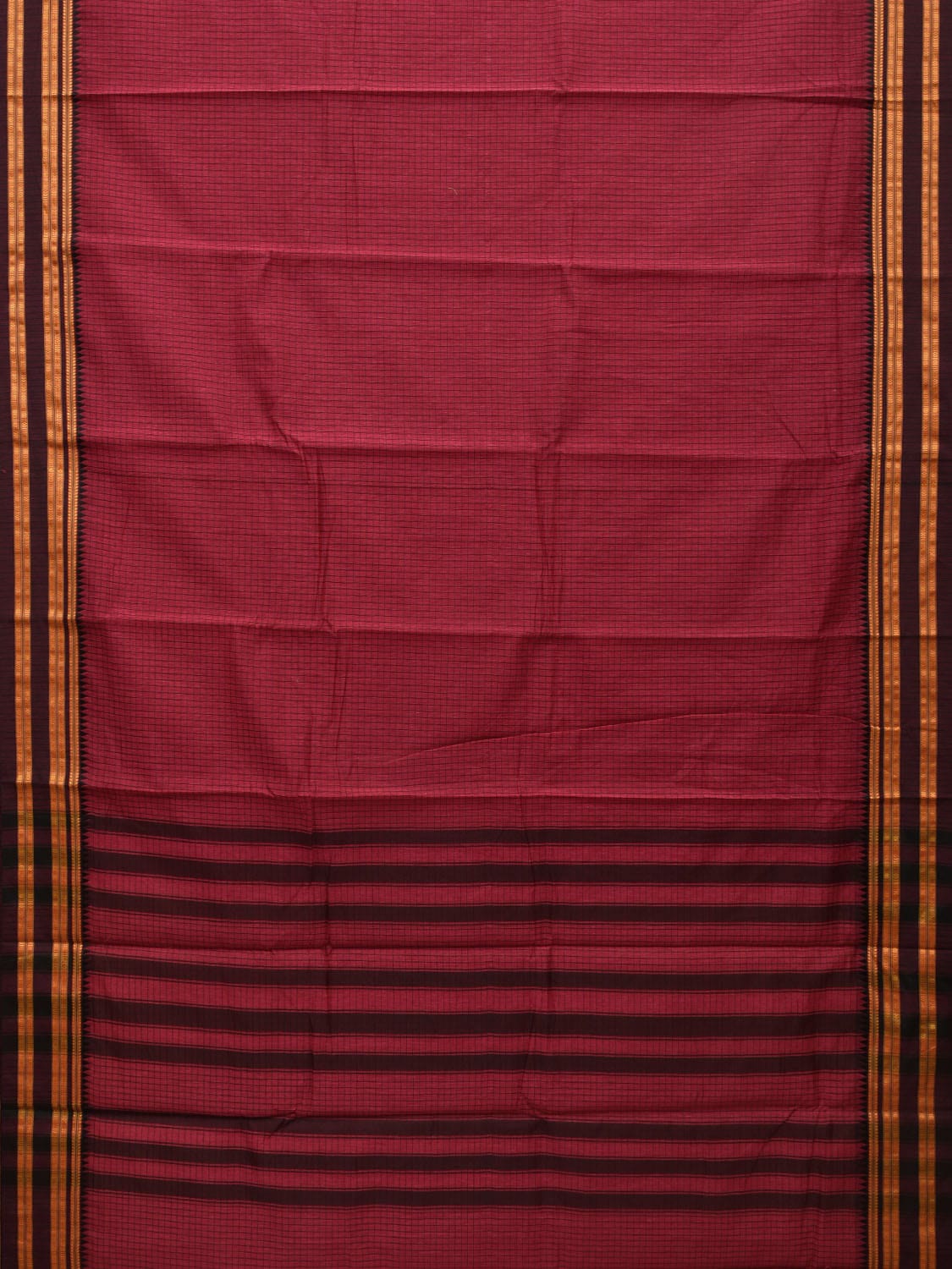 Burgundy Bamboo Cotton Saree with Checks Design - Global Threads